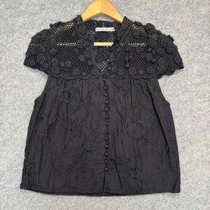 Alice + Olivia Ilaria Crochet Yoke Blouse Womens Small Button Top Designer Black